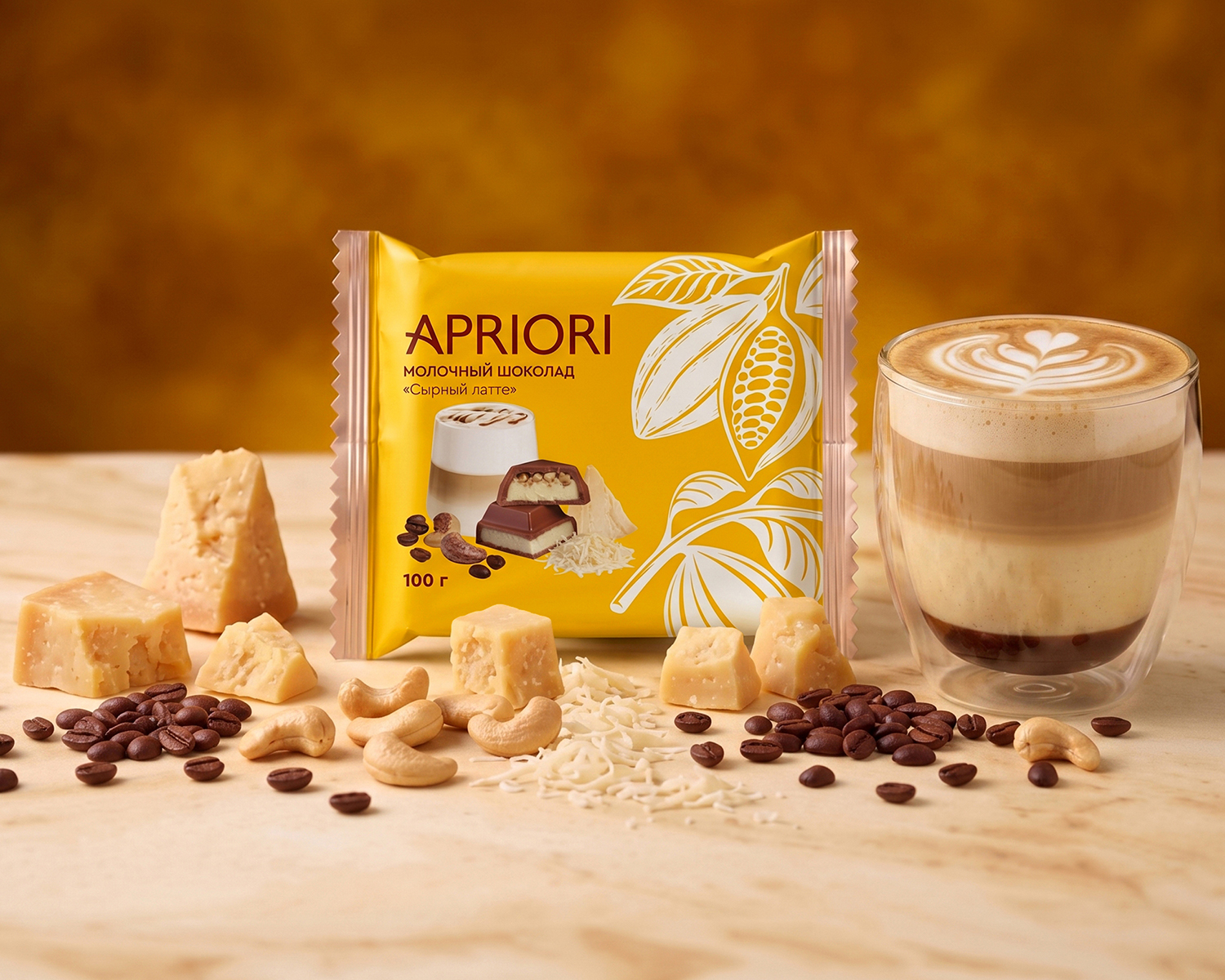                          APRIORI квадрат 100г МШ с сырной начинкой и кешью с кофе Сырный латте