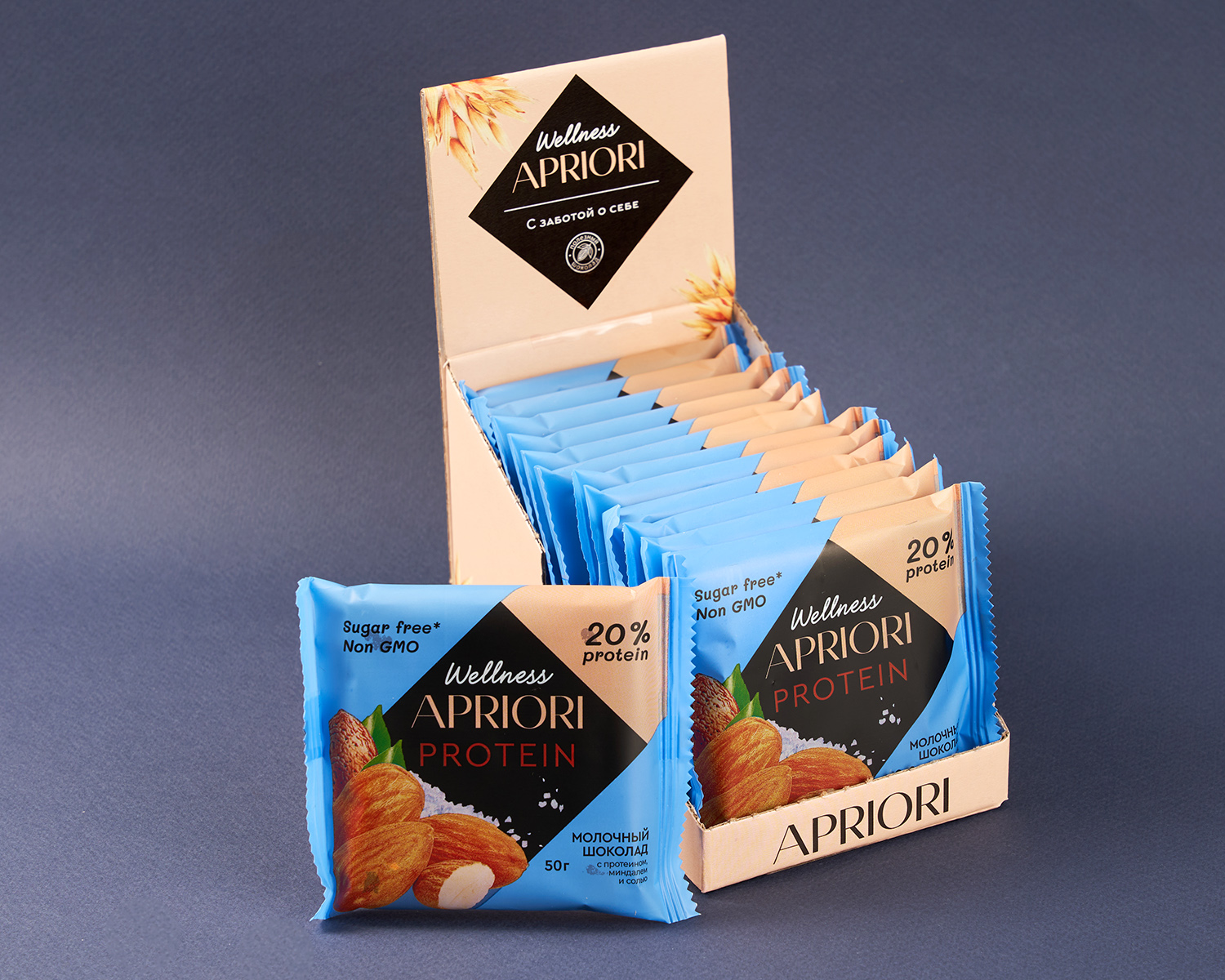                          Бокс из 13 плиток APRIORI Wellness  Шок плитка молочная с протеином, миндалем и солью, 650г
