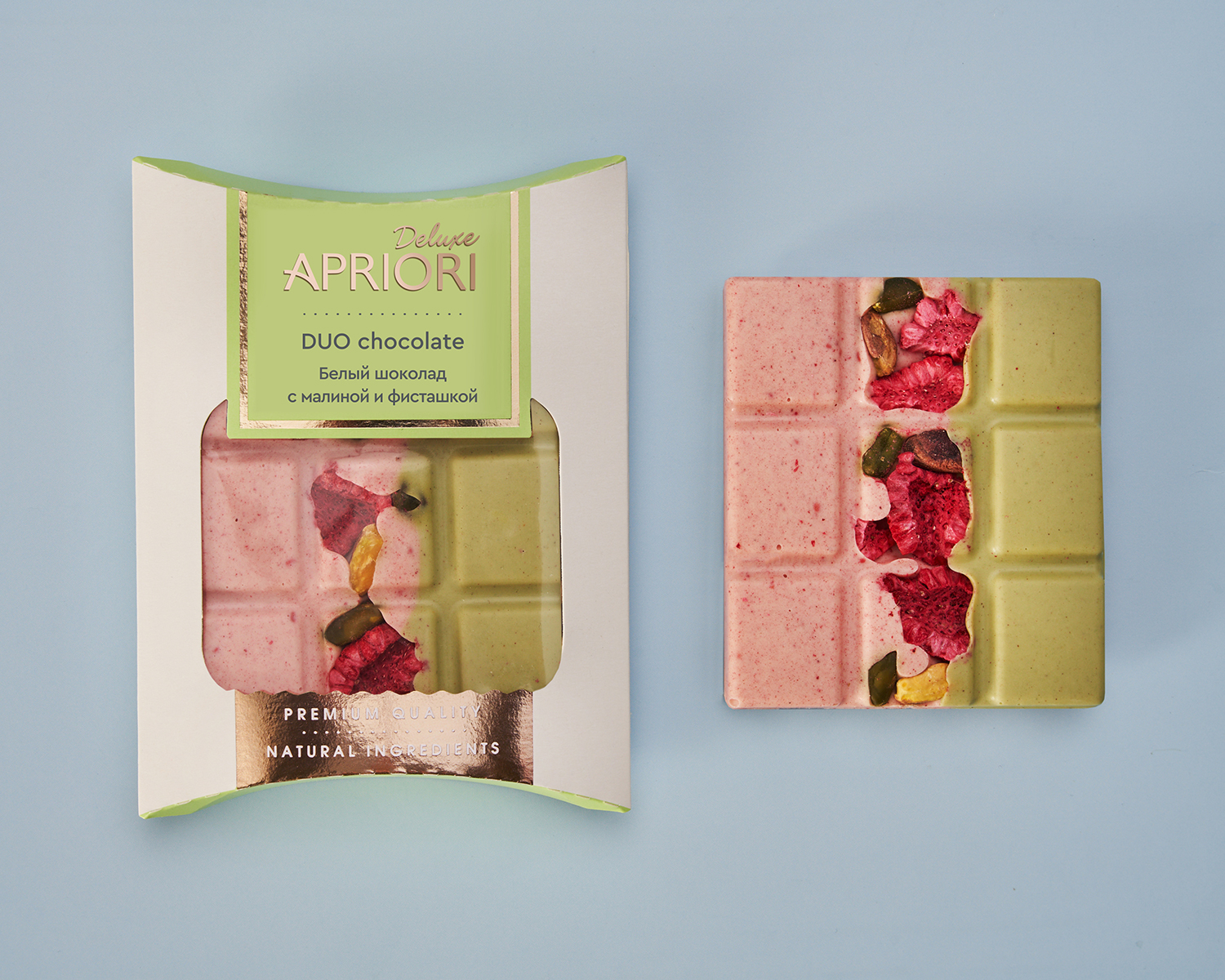                          Белый шоколад с малиной и фисташкой (дуо), 50г