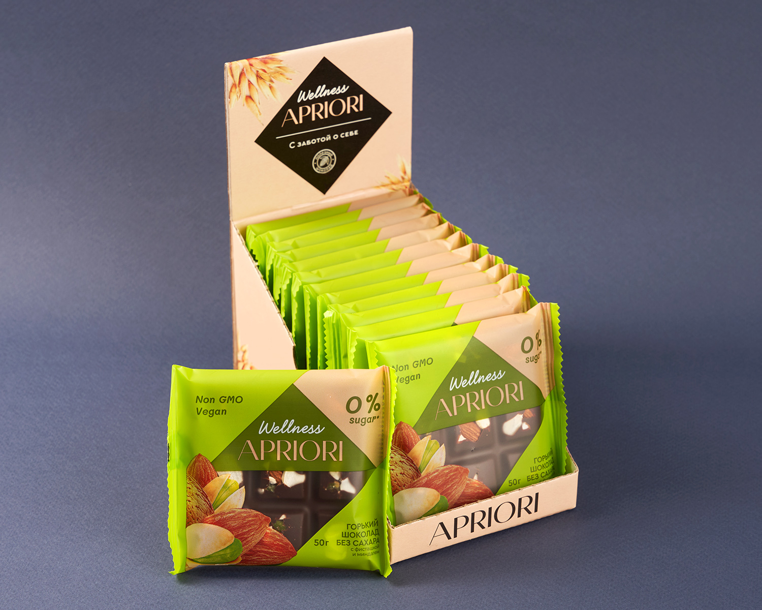                          Бокс из 13 плиток APRIORI Wellness  Шок плитка горькая без сахара с миндалем и фисташкой, 650г